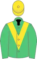 Emerald green, yellow chevron, yellow cap