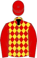 Red and yellow diamonds, red sleeves and cap