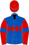 Royal blue, red triple diamond, red sleeves, royal blue armlets, red cap
