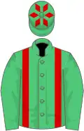 Emerald green, red braces and diamonds on cap