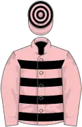 Pink and black hoops, pink sleeves, hooped cap