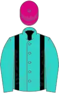 Turquoise, black braces, cerise cap
