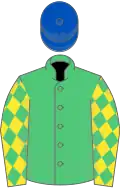 Emerald green, yellow sleeves, emerald green diamonds, royal blue cap