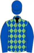 Light green and royal blue diamonds, royal blue sleeves and cap