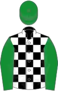 Black and white check, emerald green sleeves and cap