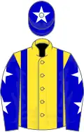 Yellow, blue braces, blue sleeves, white stars, blue cap, white star