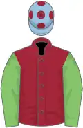 Maroon, light green sleeves, light blue cap, maroon spots