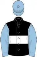 Black, white hoop, light blue sleeves and cap