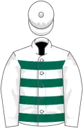 White, dark green hoops, white sleeves and cap