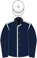 Dark blue, white seams, dark blue sleeves, white cap
