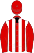 red and white stripes, red sleeves and cap
