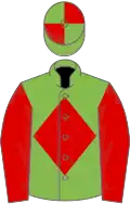 Light green, red diamond and sleeves, quartered cap