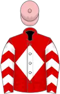 Red, white diamond, white and red chevrons on sleeves, pink cap