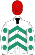 White, emerald green chevrons, white sleeves, emerald green spots, red cap