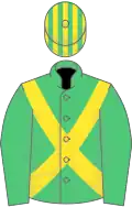 Emerald green, yellow cross sashes, striped cap