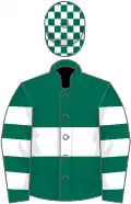 Dark green, white hoop, hooped sleeves, check cap