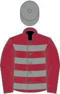 Maroon, grey hoops, maroon sleeves, grey cap