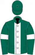 Dark green, white stripe, dark green sleeves, white armlets, dark green cap