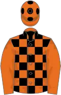 Orange and black check, orange sleeves, orange cap, black spots