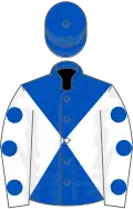 Royal Blue and White diabolo, White sleeves, Royal Blue spots, Royal Blue cap