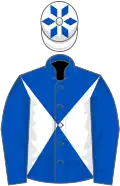 Royal blue and white diabolo, royal blue sleeves, white cap, royal blue diamonds