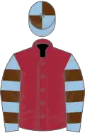 Maroon, light blue and brown hooped sleeves, quartered cap