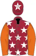 Maroon, white stars, orange sleeves, maroon cap, white star