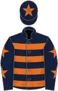 Dark blue, orange hoops, stars on sleeves, star on cap