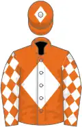 Orange, white diamond, diamonds on sleeves, orange cap, white diamond