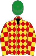 Yellow and red diamonds, checked sleeves, green cap