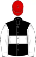 Black, white hoop and sleeves, red cap