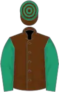 Brown, emerald green sleeves, hooped cap