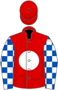 Red, white disc, royal blue and white checked sleeves, red cap