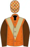 Orange, beige chevron, brown sleeves, orange and beige checked cap