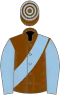 Chocolate, Light Blue sash and sleeves, hooped cap