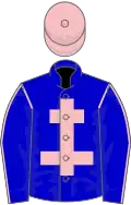 Blue, pink cross of lorraine, blue sleeves, pink seams, pink cap