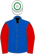 Royal blue, red sleeves, white cap, green hoop