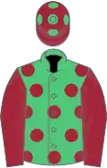 Emerald green, maroon spots, maroon sleeves, maroon cap, emerald green spots