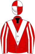 Red, white chevron, striped sleeves, quartered cap