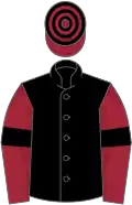 Black, maroon sleeves, black armlets, hooped cap