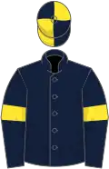 Dark blue, yellow armlets, dark blue and yellow quartered cap