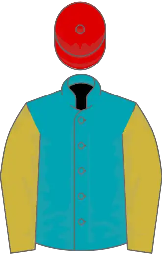 Peacock blue, old gold sleeves, red cap