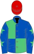Royal blue and emerald green quartered, emerald green stars on sleeves, red cap