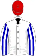 White, light blue striped sleeves, red cap