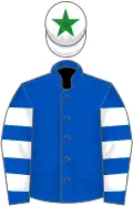 Royal blue, white hooped sleeves, white cap, green star