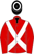 Red, white cross-belts, black cap, white hoop