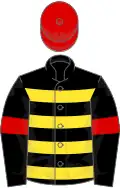 Black, yellow hoops, red armlets and cap