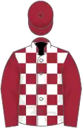 Maroon and white check, maroon sleeves and cap