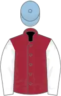 Maroon, white sleeves, light blue cap