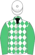 White and emerald green diamonds, emerald green sleeves, white cap